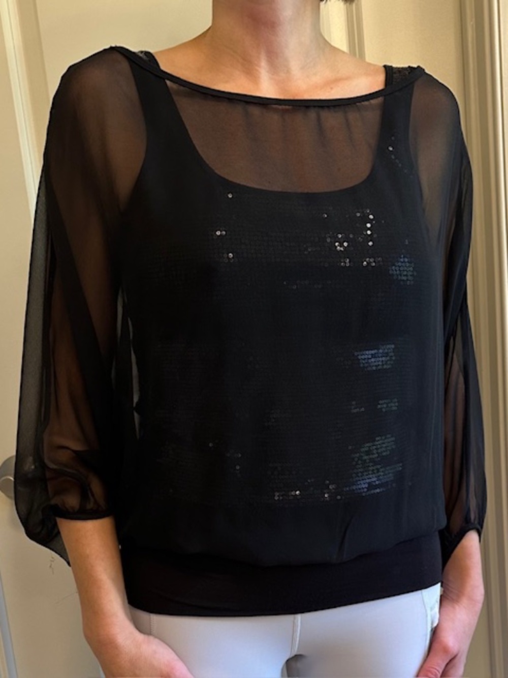 black dressy shirt, sequin tank with sheer chiffon batwing overlay